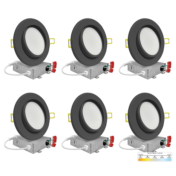 Nuwatt 4" Black Gimbal LED Recessed Lighting for Sloped Ceiling 2700K-5000K 5CCT Canless Lights, PK6 NW-P-ADJDL-4-9W-5CT-BLK-6P - main